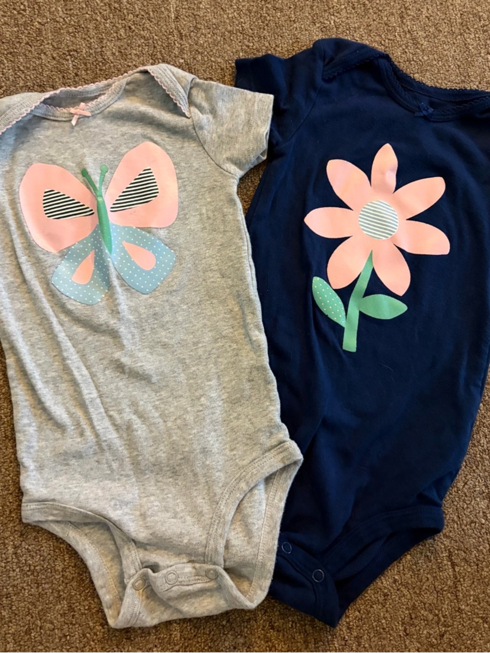 x2 Carter's Butterfly & Flower Baby One-Piece Bodysuits - Gray & Navy (24m)